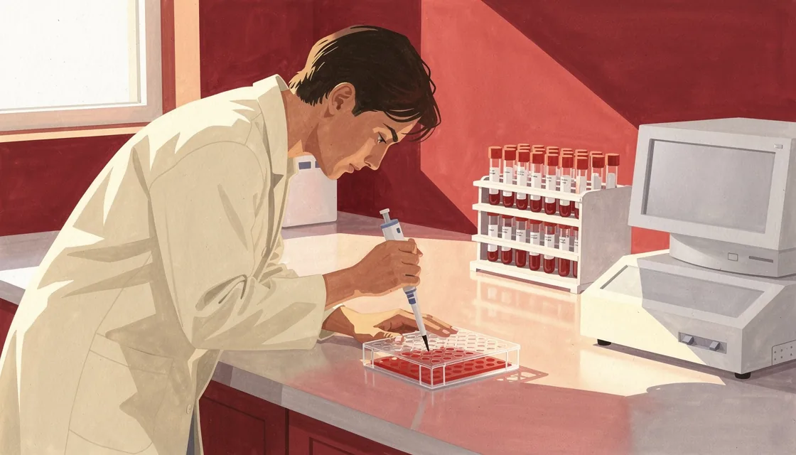 A technician working with a pipette and a plain assay plate