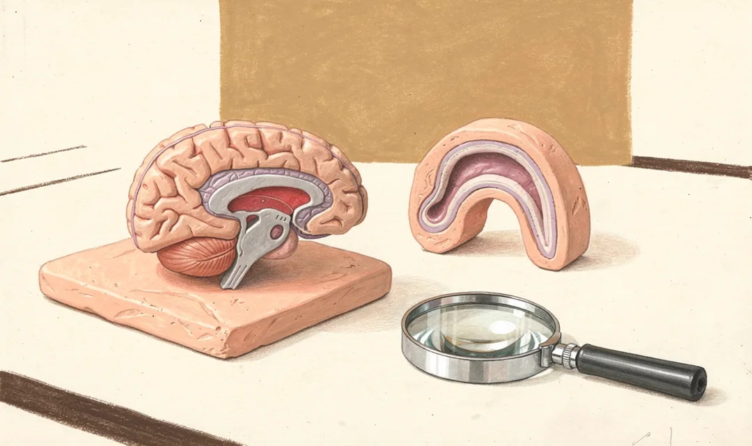 An enlarged curved brain teaching model beside a hand lens
