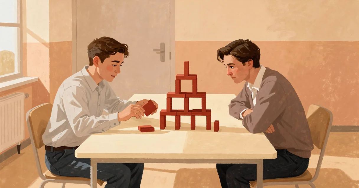 Two adults studying a pattern of red wooden blocks
